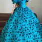 Blue Floral Long Tulle Vintage Ball Gown nv5040