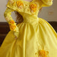 Yellow floral beaded long satin vintage ball gown nv5039