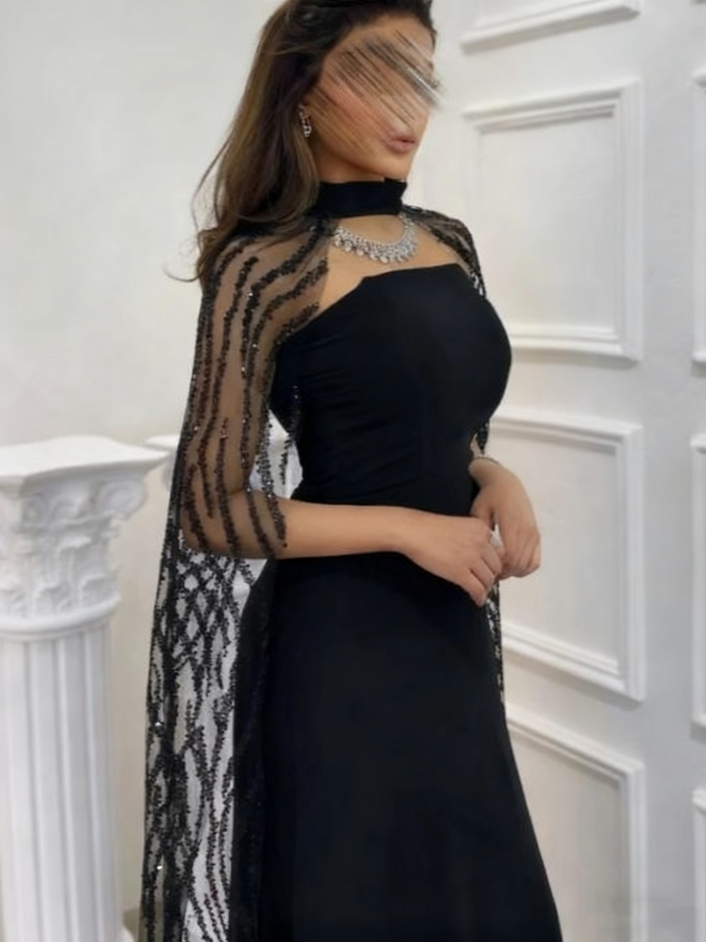 Robe de soirée longue noire glamour avec châle, NV2518