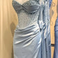 Blue Gorgeous Shiny Exquisite Beaded Long satin Slit Elegant Sexy Ball Gown Evening Dress Party Dress nv4148