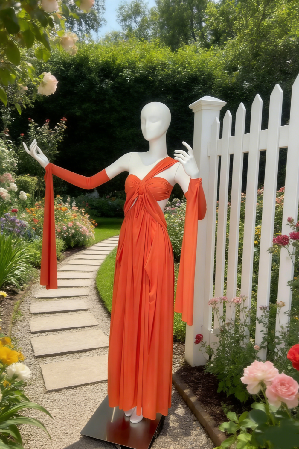 Robe longue asymétrique orange vif mat à nœud torsadé et dos nu - Robe longue drapée de luxe avec ceinture NV6783
