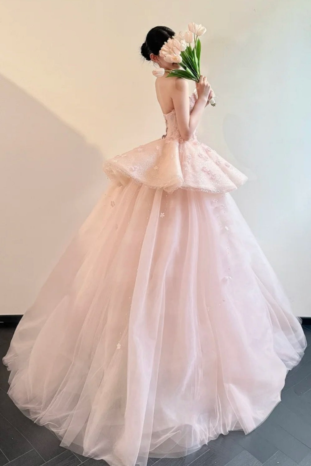 Robe de bal longue en mousseline rose brillante à fleurs, robe de princesse NV6741