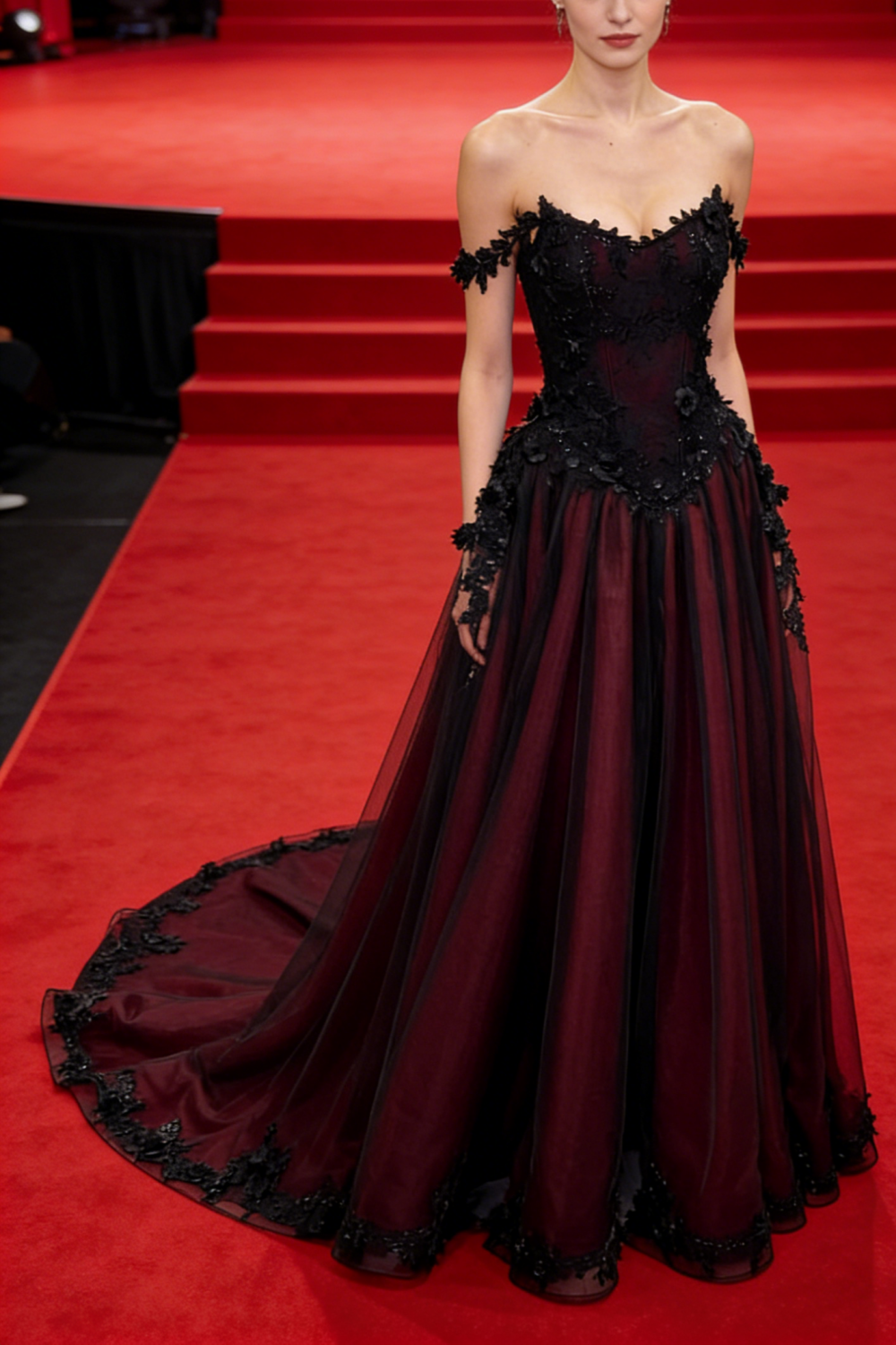 Robe bustier bordeaux en dentelle noire - Robe de bal épaules dénudées pour soirée/bal/tapis rouge NV6803