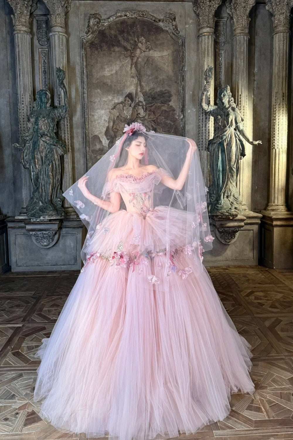 Robe de bal longue en tulle rose à fleurs NV6654