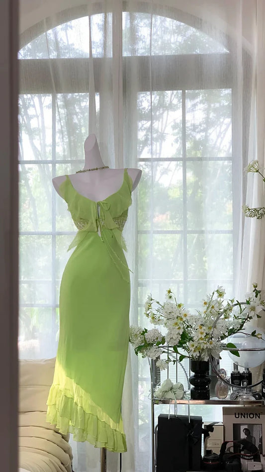 Green Beaded Long Chiffon Mermaid Dress Vintage Party Dress Evening Gown Prom Dress nv4325