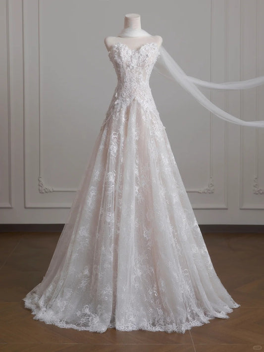 White Elegant Fairy Long Lace Tulle Prom Dress Evening Dress Wedding Dress nv4957