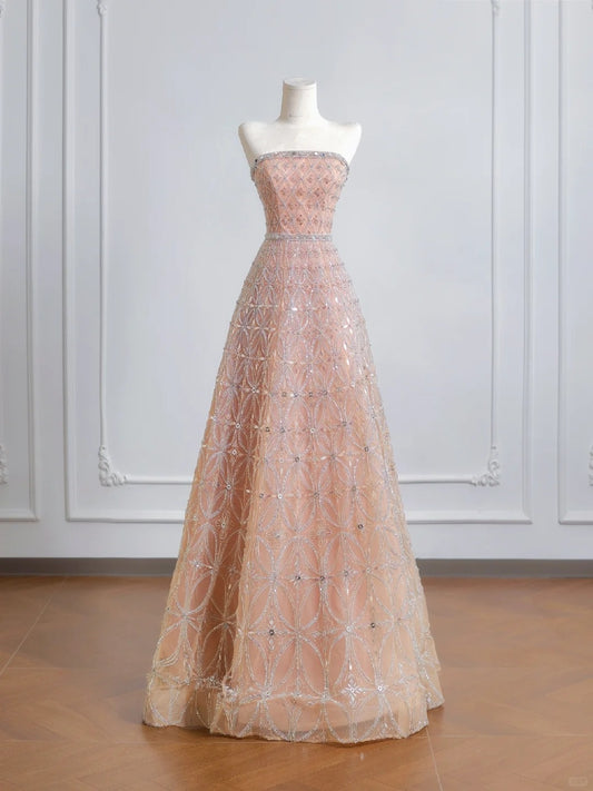 Pink Gold Gorgeous Luxury Long Tulle Prom Dress Evening Dress Party Dress nv4947