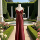Robe longue sans manches en satin bordeaux à décolleté cœur - Robe sirène vintage de luxe ornée de perles dorées NV6789