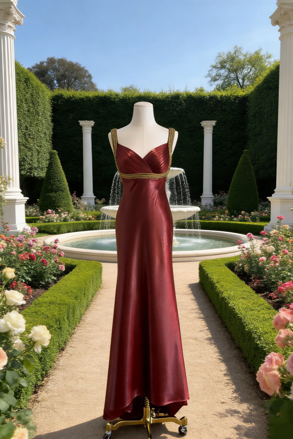 Robe longue sans manches en satin bordeaux à décolleté cœur - Robe sirène vintage de luxe ornée de perles dorées NV6789
