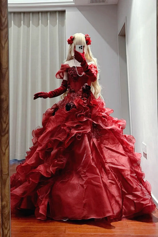 Robe de bal longue en tulle rouge délicatement perlée NV6662