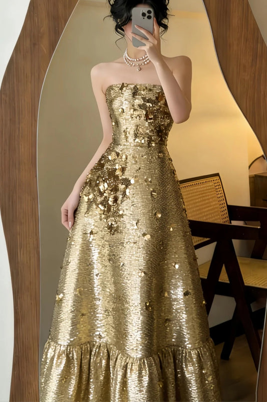 Robe de soirée maxi bustier ornée de sequins dorés en 3D NV6561