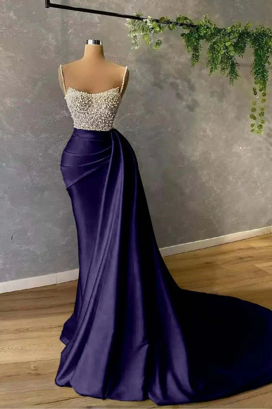 Purple gorgeous charming spaghetti strap pearl long mermaid evening dress prom dress nv1898
