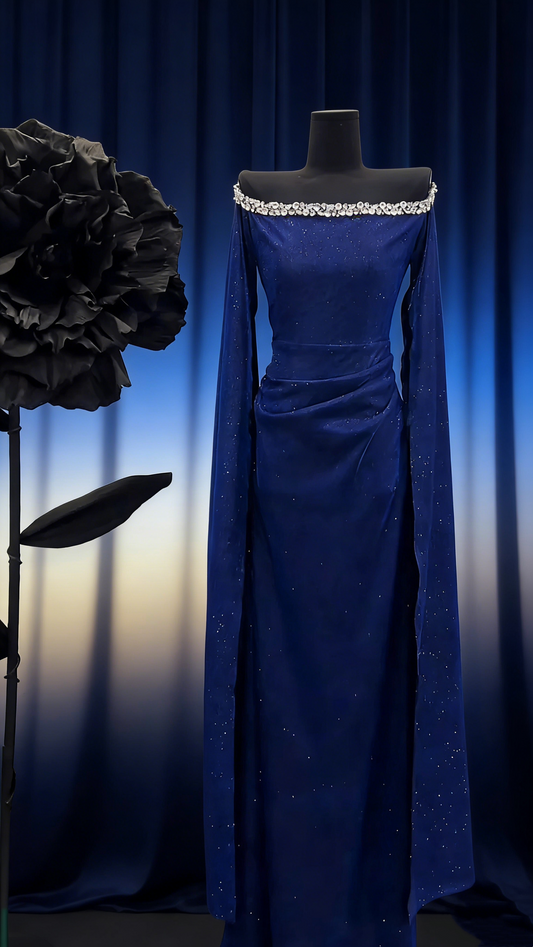 Robe longue bleu roi scintillante à épaules dénudées - Robe longue glamour de luxe à manches larges et fronces ornée de cristaux NV6800