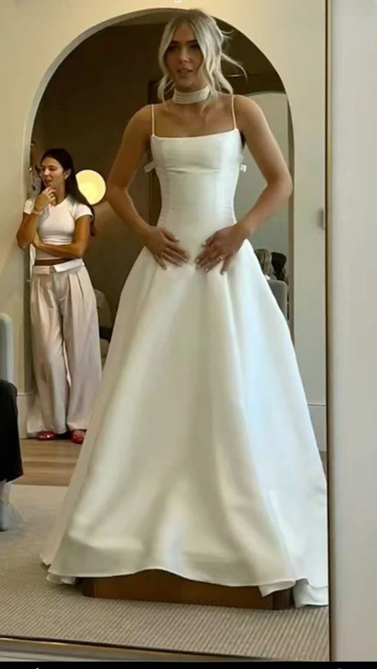 Elegant white long satin spaghetti strap prom dress nv5319