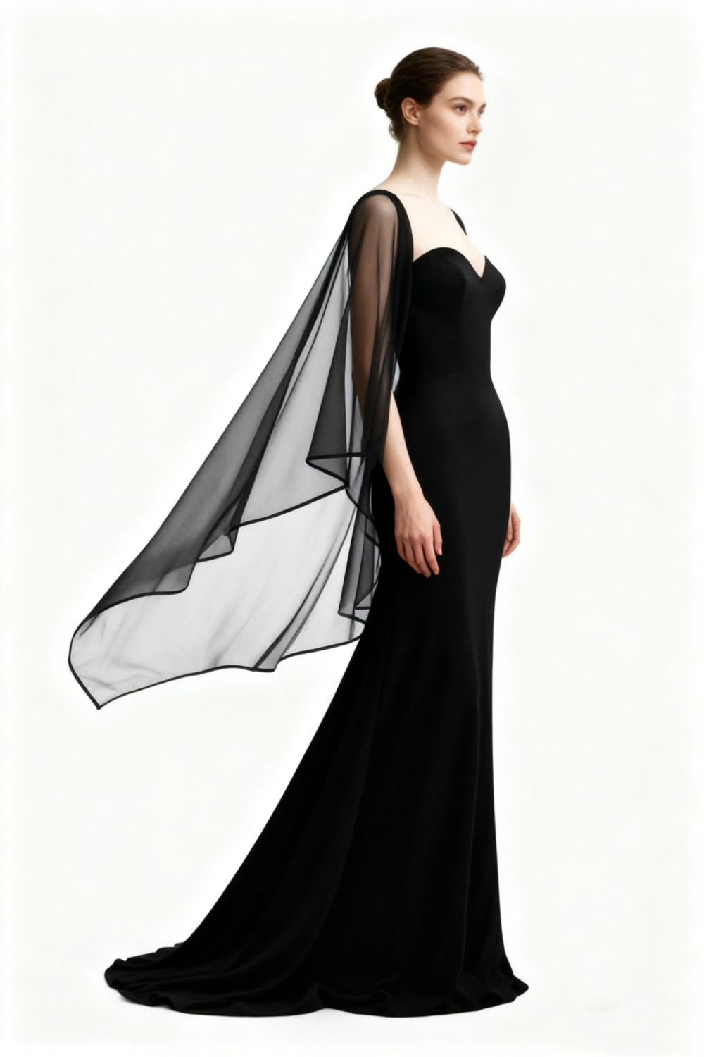 NiceVestidos - Robe longue en mousseline noire à manches longues et décolleté cœur NV6013