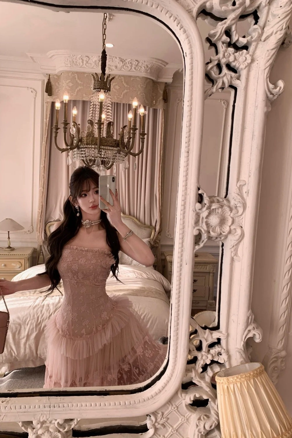 Robe de soirée longue en mousseline rose NV6745