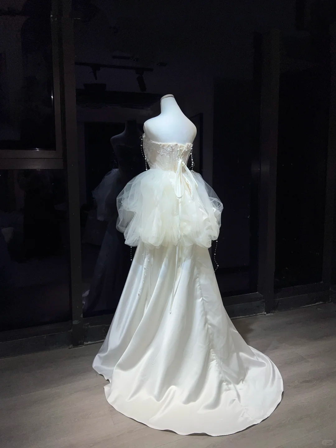 Ivory Strapless 2-in-1 Wedding Gown Lace Pearl Tassel Tulle & Satin Prom Evening Dress  NV7078
