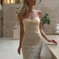 Light Yellow Lace Tulle Elegant Mermaid Sleeveless Off-shoulder Dress Ball Gown Evening Dress nv1892