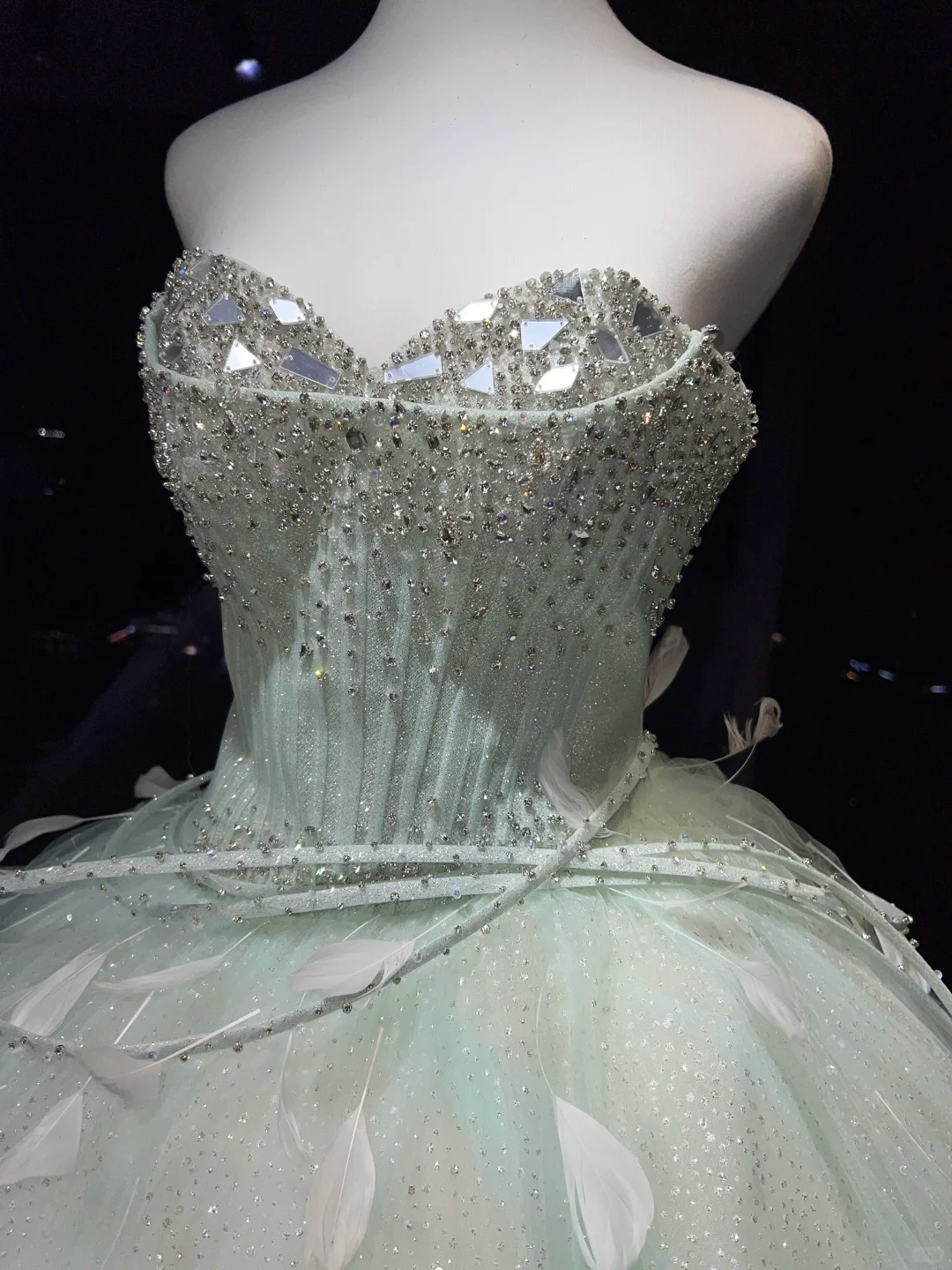 Mint Green Sparkly Tulle Ball Gown Strapless Feather Rhinestone Long Prom Dress  NV7082