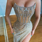 Golden Gorgeous Luxury Sexy Sequins Beaded Crystal High Slit Long Formal Prom Dress Prom Dress Evening Dress Party Dress nv100
