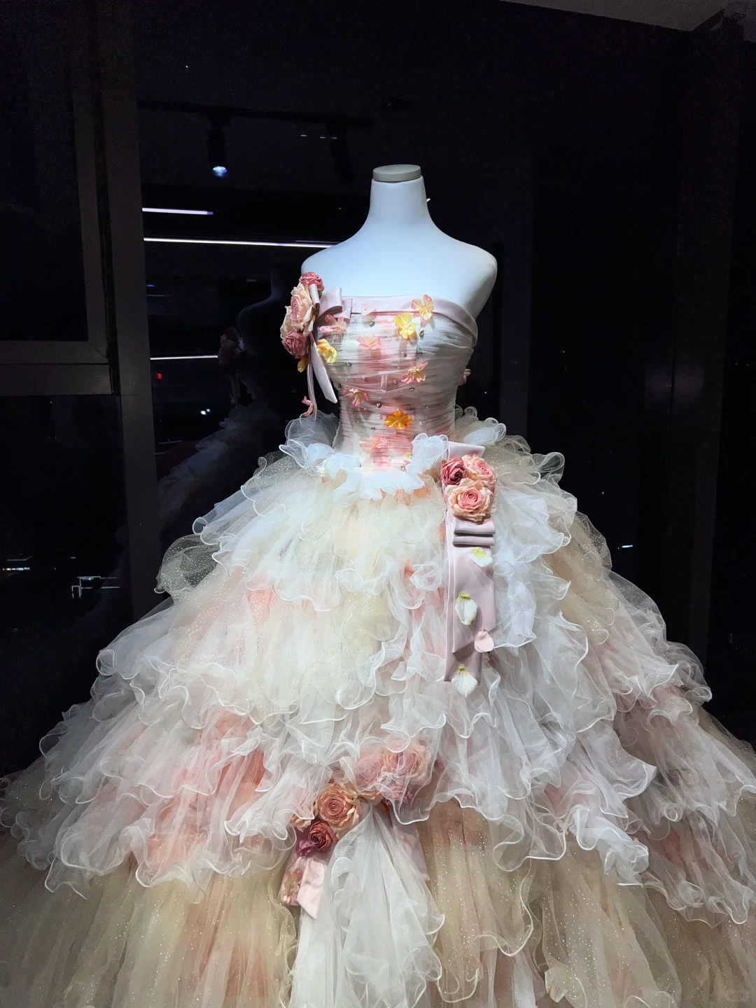 Strapless Pink Ombre Prom Dress 3D Rose Floral Tiered Glitter Tulle Cake Ball Gown  NV7061