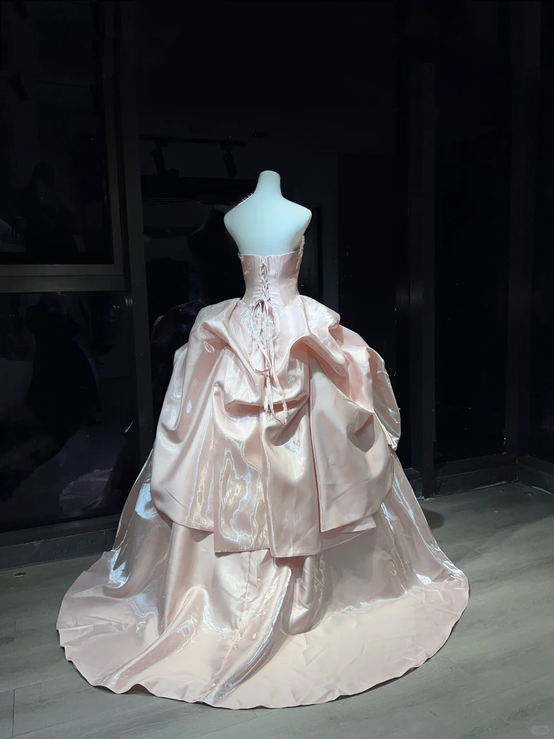 Strapless Light Pink Prom Dress Pearl Beaded Shiny Satin Draped Ball Gown  NV7057