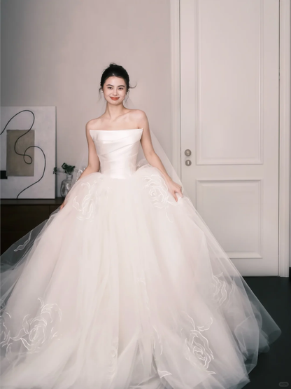 Strapless Draped Satin Tulle Wedding Dress with Rose Embroidery  NV7361