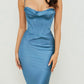 Blue simple elegant satin pleated midi short mini prom dress evening dress birthday party dress homecoming dress nv1920