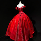 Off Shoulder Bright Red Satin Prom Dress 3D Rose Ruching Glossy Ball Gown  NV6983