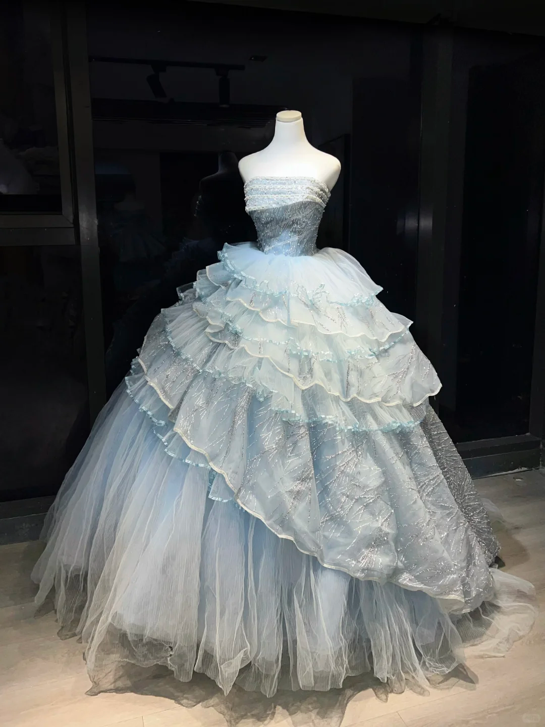 Light Ice Blue Sparkly Tulle Long Evening Gown Strapless Tiered Puffy Ball Gown Prom Dress  NV7069