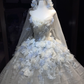 White Blue Ombre Strapless Ball Gown Wedding Dress 3D Flower Tulle Bridal Prom Gown  NV7065