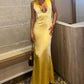Yellow Satin Lace-up Halter V-neck Bodycon Evening Gown Prom Dress Party Dress nv1934