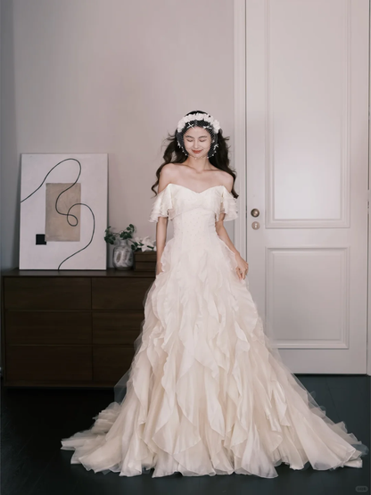 Sweetheart Off Shoulder Ruffle Tulle Bridal Gown, A Line Wedding Dress  NV7294