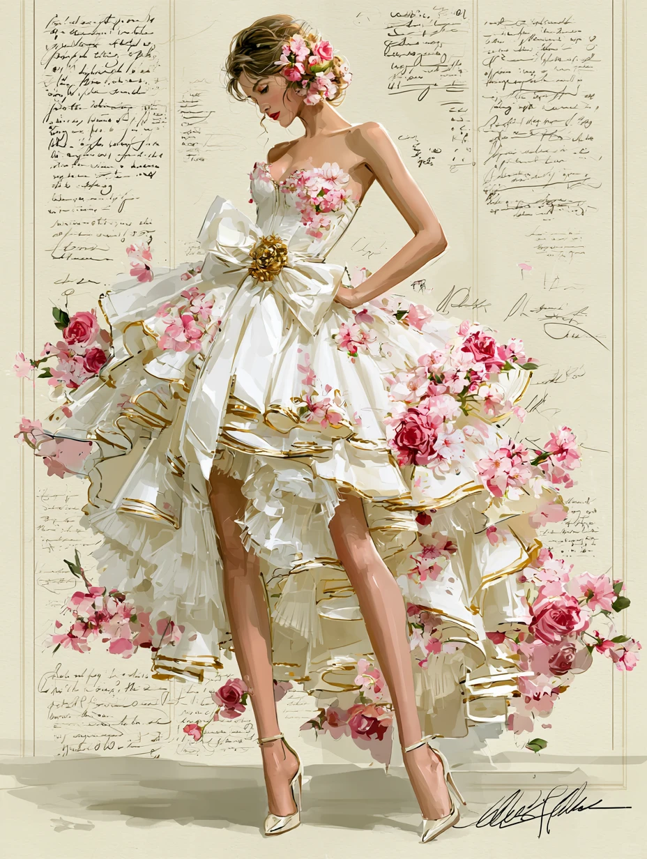 3D Pink Floral Sweetheart Strapless High Low Ruffle Prom Dress with Gold Trim  NV7401