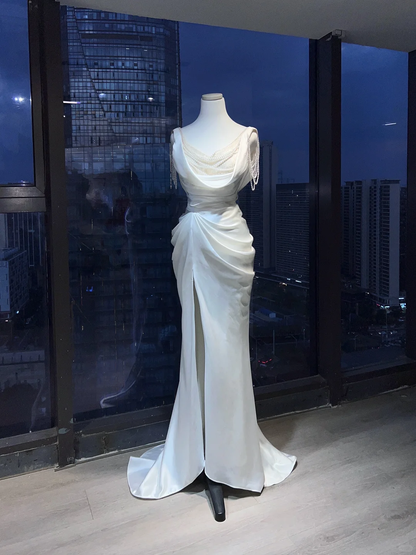White Satin Cowl Neck Mermaid Evening Gown Pearl Chain Tassel Draped Ruched High Slit Prom Dress  NV7004