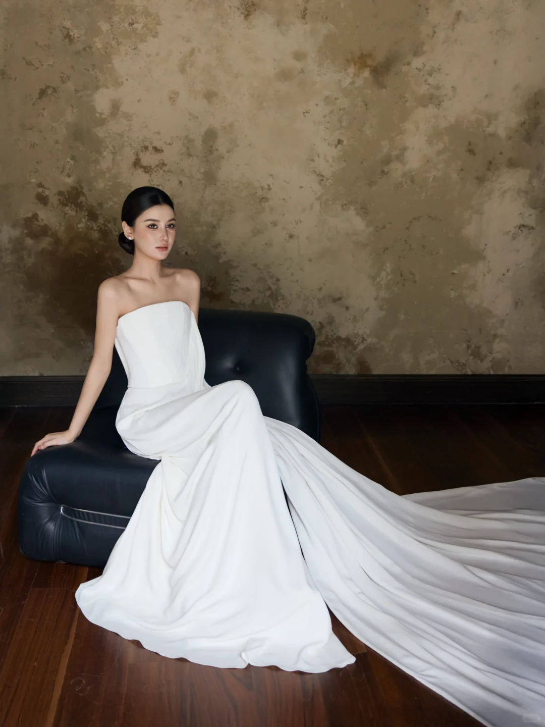 Ivory Strapless Chiffon Mermaid Wedding Gown with Draped Train  NV7197