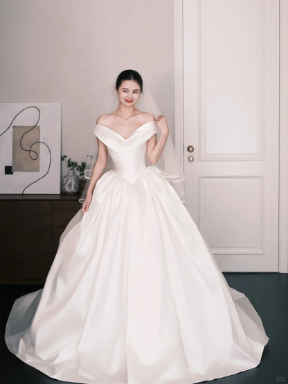 Off Shoulder Satin Ballgown Wedding Dress, Classic Simple Bridal Gown  NV7335