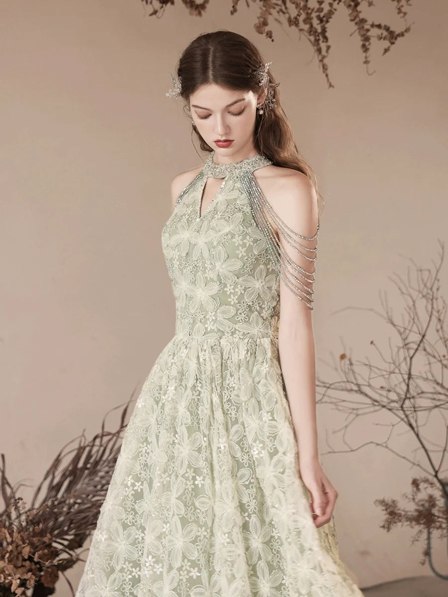 Cute Tulle Flower Floor Length Green Prom Dress, Beautiful Backless A-Line Evening Party Dress   nv1414