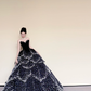 Strapless Black Starry Sky Prom Dress, White Pearl Beaded Tiered Ball Gown  NV7428