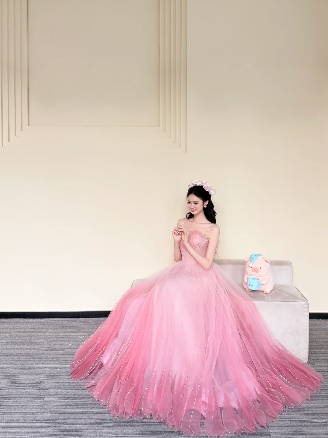 Spaghetti Strap Pink Ombre Glitter Petal Princess Ball Gown Prom Dress  NV7421