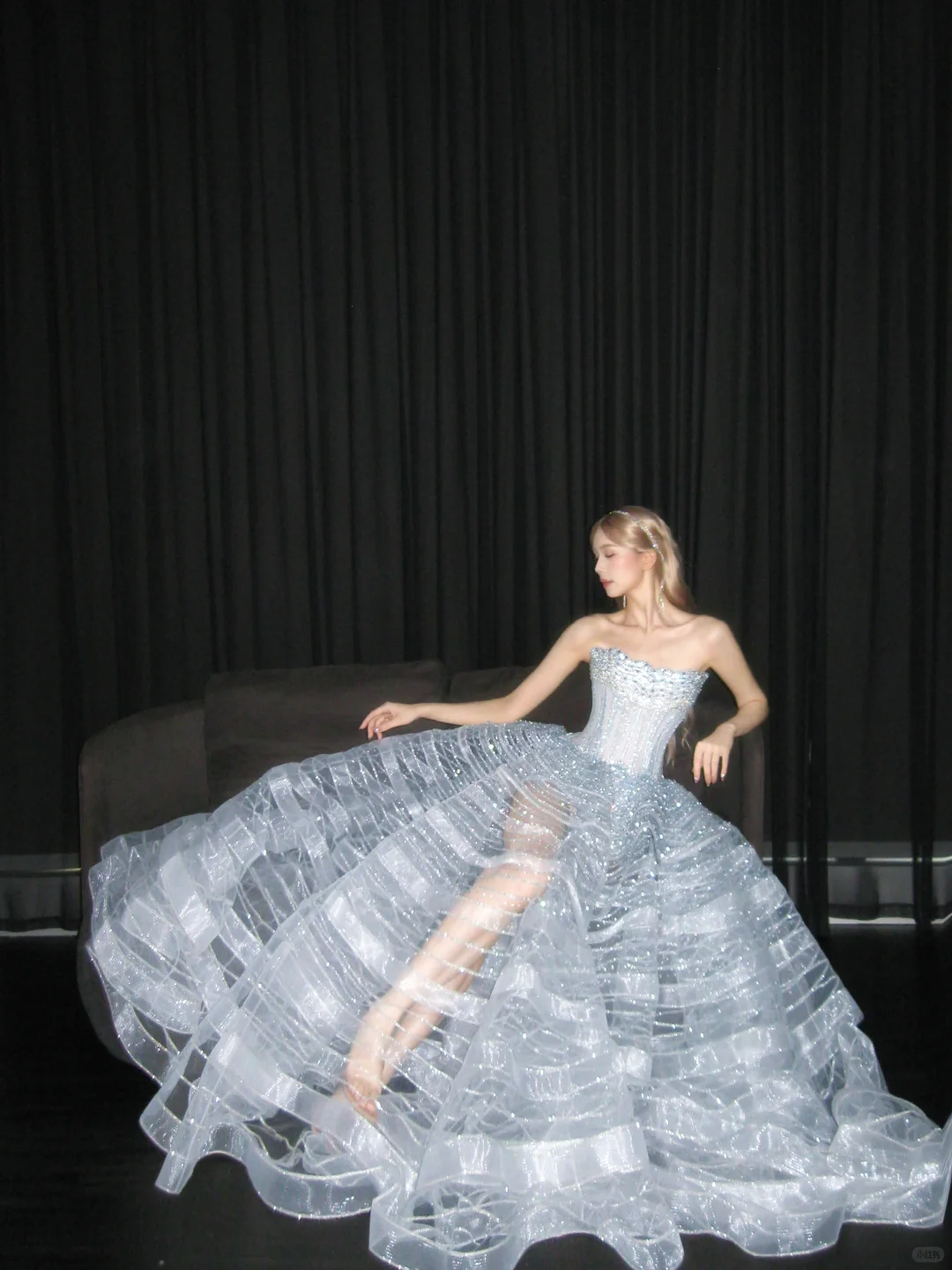 Strapless Silver White Ball Gown Prom Dress, 3D Hoop Organza Beaded Evening Gown  NV7109