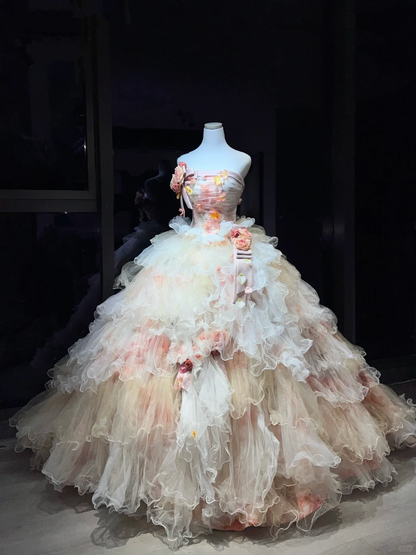Strapless Pink Ombre Prom Dress 3D Rose Floral Tiered Glitter Tulle Cake Ball Gown  NV7061