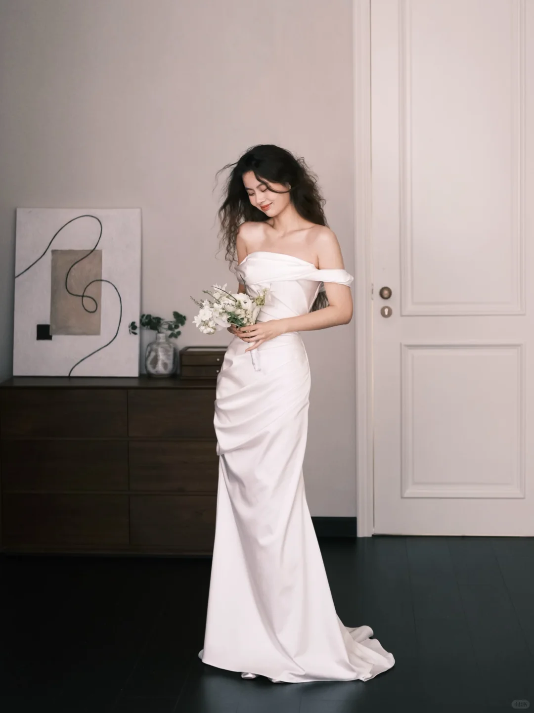 Off Shoulder Foldover Satin Mermaid Bridal Gown with Side Ruching  NV7367