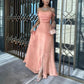 Strapless Simple Pink Satin Long Evening Dress Low Profile A-Line Ball Gown nv2774
