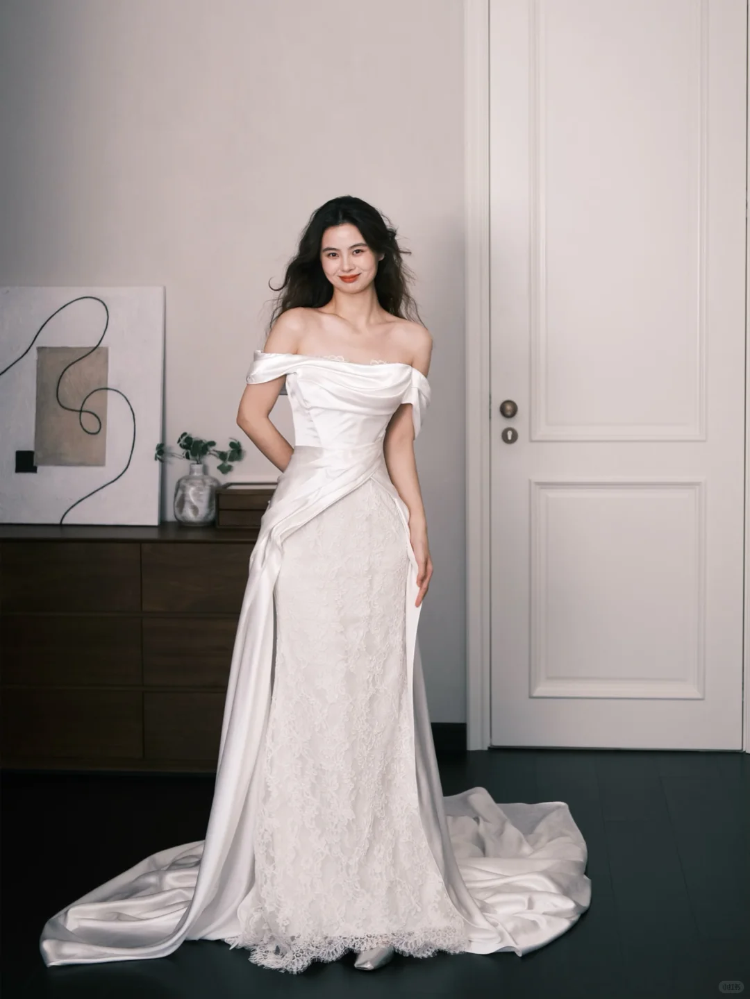 Off Shoulder Draped Satin Lace Mermaid Bridal Dress with Long Train  NV7377