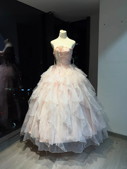 Dusty Pink Strapless Ball Gown Pleated Bodice Tiered Ruffle Tulle With Satin Bow Fairy Prom Dress  NV6938