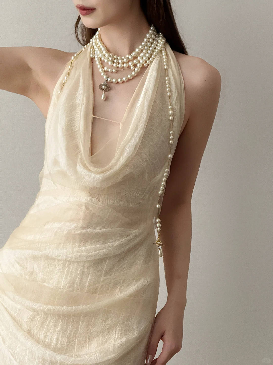 Halter Cowl Neck Mermaid Evening Dress Light Champagne Tulle Gown  NV7121