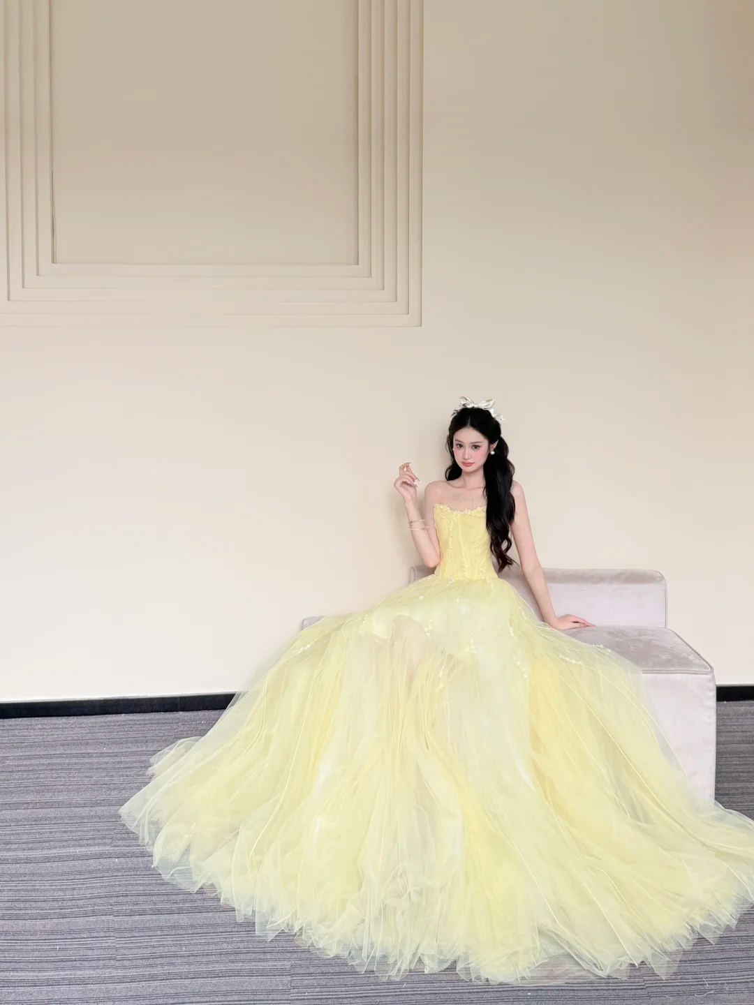 Strapless Pale Yellow Pearl Beaded Fairy Tulle Ball Gown Prom Dress  NV7422