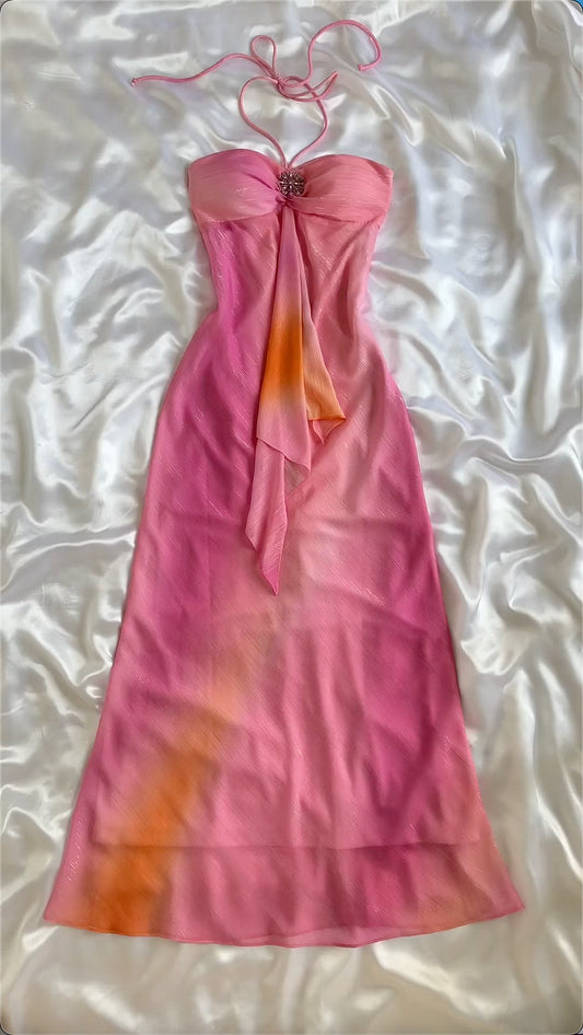 Pink Gradient Fashion Exquisite Beading Spaghetti Strap Long Chiffon Ball Gown Evening Gown Party Dress nv3579
