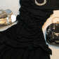 Black One Shoulder Short Homecoming Dress Ruffle Hem 3D Bow Ruched Bodycon Vintage Cocktail Gown  NV6912